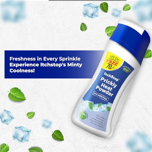 Image of Itchstop Prickly Heat Powder | Fast Cooling Relief from Prickly Heat, Rashes, Itching, Sunburn, Sweat, Excess Moisture, Body Odor, Skin Burning & Irritation | Keeps Skin Fresh, Dry & Free from Bacteria All Day | Fine-Textured Talc for All Ages - Adults & Kids | 150g (Ice Menthol (Pack of 3))