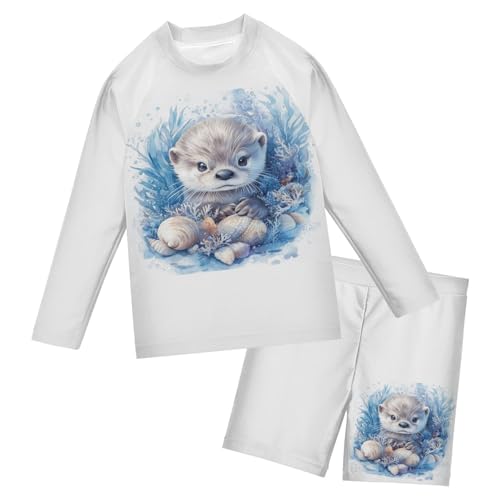 Watercolor Otter Seashells Toddler Swimsuit Boy 3T Long Sleeve Swimming Shirt Outfit Set with Swim Trunks, 2 Piece