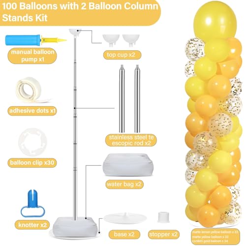 Image of 2 Sets Golden Yellow Balloon Column Stand Kit with 100 Balloons Adjustable Balloon Tower Stand with Bases for Floor Confetti Balloons Column Kit for Graduation Birthday Appreciation Party Decor