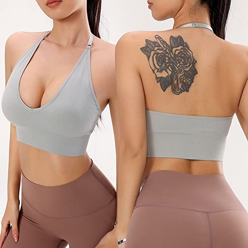Image of Women Halter Bra Top Yoga Bralette Crop Tanks Workout Sports Bras V Neck with Adjustable Strap Seamless Padded