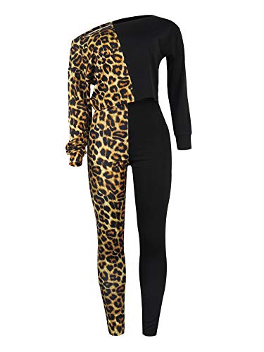 Sweat Shirts Jogging Suits For Women Sexy 2 Piece Sports Outfit Set Leopard Print Crop Top Shirts Bodycon Pants Clubwear Tracksuit Sportswear Black #TOP3
