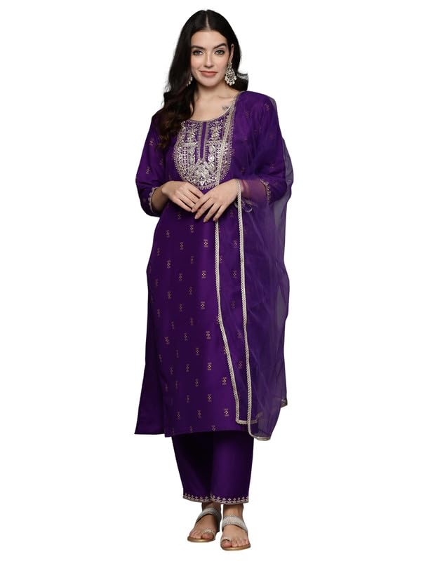 Image of INDO ERA Women's Polyester Embroidered Straight Kurta Pant With Dupatta Set