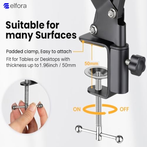Image of Elfora 360 Rotating Overhead Tablet Tripod Holder for Tabletop | Adjustable Long Arm Clamp Holder for Crafting, Online Class, Cooking Videos & Streaming | Compatible Upto 4-10.6 Inch Tablets (Black)