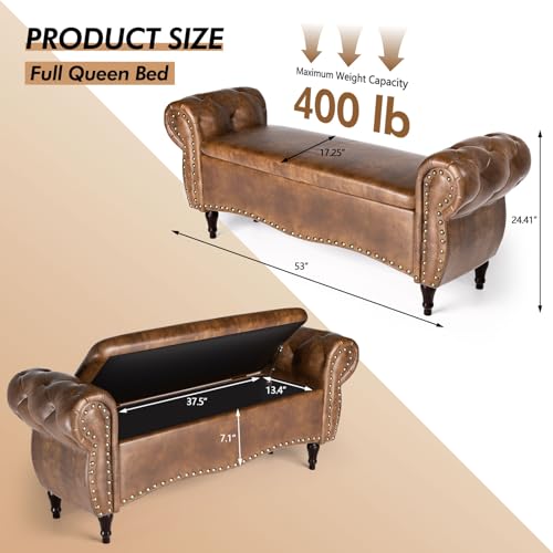 ZZW Storage Ottoman Bench, 53\" Length Upholstered Bench & Ottoman with Safety Hinge, Tufted Bed Bench with Rolled Arm and Nailhead Trim, End of Bed Storage Bench for Bedroom, Living Room, Entryway