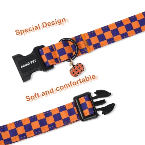 Image of ARING PET Fall Dog Collar for Puppy Small Medium Large Dog-Checkered M | Cute Autumn Purple Orange Plaid Doggy Collars with Charm for XS S M L XL Boy Girl Dogs, Soft Comfy Sturdy, Pumpkin Patch