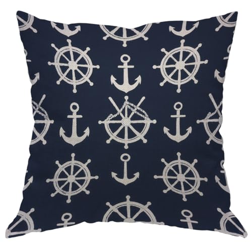 Moslion Anchor Pillow Cases Nautical Ocean Sea Navy Blue Steering Wheel Sailor Throw Pillowcases 18x18 Inch Cushion Cover Home Decor Cotton Linen Pillow for Sofa Bed