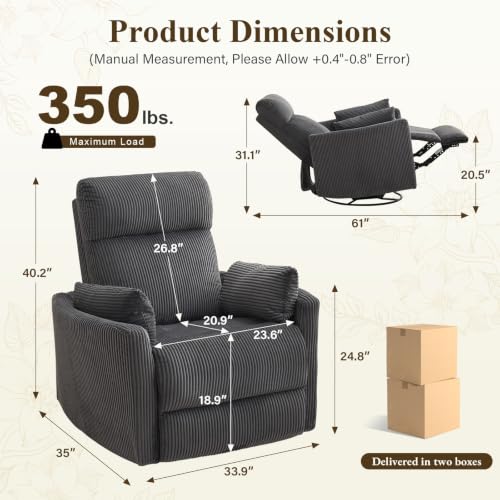 Image of BOSMILLER 360Swivel Recliner Chair, Nursery Chair with 2 Pillows, Rocker Chair with Soft Corduroy Fabric for Living Room, Bedroom