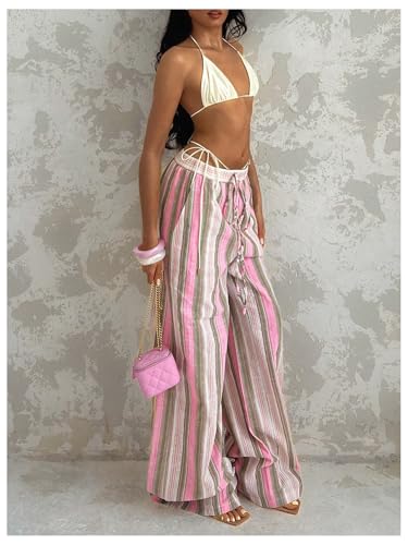 GORGLITTER Women's Striped Linen Pants Summer Casual Boho Bow Elastic Low Waist Drawstring Wide Leg Pants Dressy4