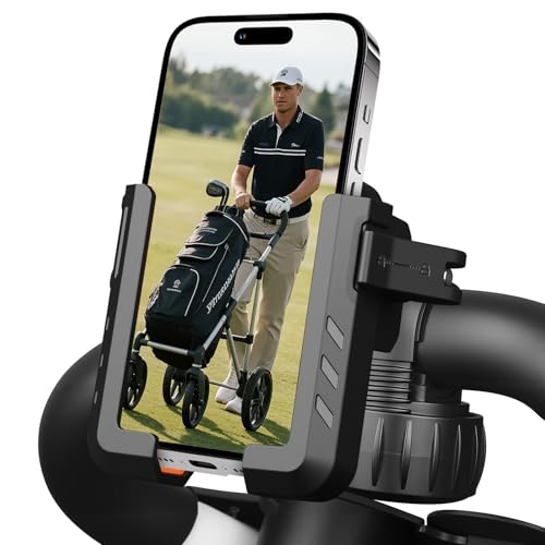 Golf Push Cart Phone Holder with Security Double Lock Hands-Free 360 Rotatable Phone Mount Compatible with Clicgear Sun Mountain Caddy Bag Boy Golf Push Cart Accessories for Cell Phones