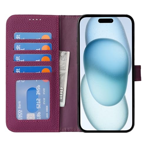 Coque iPhone 15 en cuir véritable premium rose violet