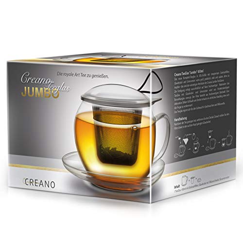 Creano Taza de té Jumbo con asa y colador de acero inoxidable integrado, tapa de cristal y platillo | 450ml Transparente… - Imagen 8