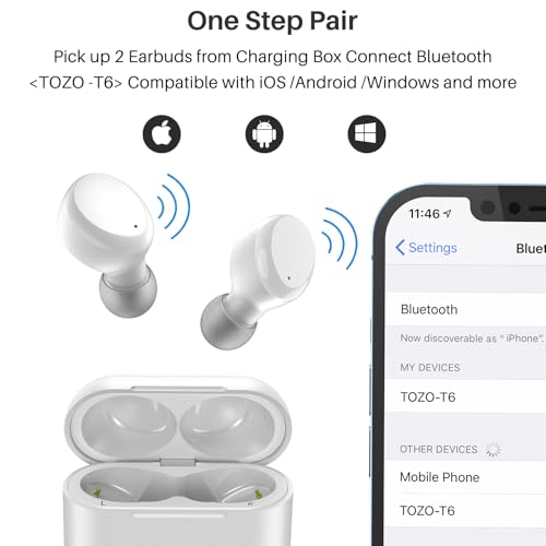 TOZO T6 True Wireless Earbuds Bluetooth 5.3 Headphones 45H Playtime with Wireless Charging Case, IPX8 Waterproof, OrigX Premium Sound Tech, Touch Control in-Ear Earphones Deep Bass with Mic White