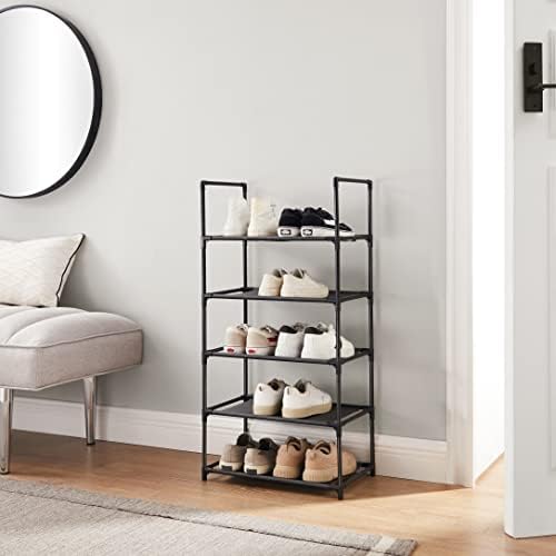 SONGMICS 5-Tier Shoe Rack, Shoe Storage, Shoe Stand, Free-Standing Shoe Shelf, 45 x 28 x 89 cm, Metal Frame, Non-Woven Fabric Shelves, for Hallway, Bedroom, Black LSH005B02