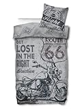 LIEFERUMFANG: 1 Bettwäscheset 135x200 cm mit Kissen Bezug 80x80 Route 66 in Vintage Optik 100% Baumwolle, zertifiziert nach Öko-Tex Standard