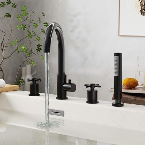 NBYTLT Brass Roman Tub Faucets with Hand Shower, Bathtub Faucet, 2 Cross Handles 4-Hole Bathtub Faucet, Deck Mount Bathroom Faucet, Matte Black