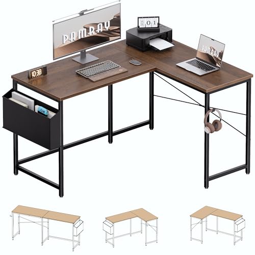 Image of Pamray 47 Inch Reversible L Shaped Gaming Desk Corner Computer Desk with Storage Bag Home Office Table for Writing Study Brown