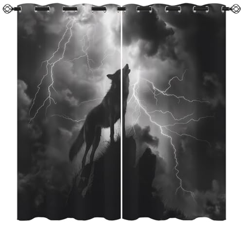 Wolf Blackout Curtains for Girls Boys Kids Teens Home Decor, Silhouette Wolf Howling to Thunderstorm Grommet Thermal Insulated Drapes Darkening Window Curtain for Bedroom Living Room, 42 x 63 Inch
