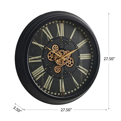 Glitzhome 27.50" D Large Vintage Round Black Gear Clock, Oversized Roman Numeral Silent Clock With Tempered Glass For Livingroom Or Office Decoration #TOP1