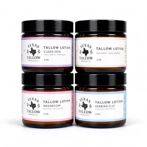 Texas Tallow Products Tallow Lotion Sampler Pack, 4 x 2 oz Jars - Magnesium, Serbian Blue Clay, Natural Unscented, Clear Skin image 2