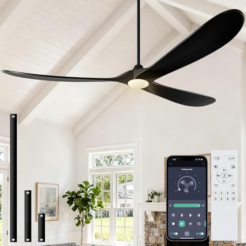 Image of 72 inch Outdoor Ceiling Fans with Lights-Glass Lamp, Large Damp Rated Wood Propeller Blades for Big Patios & Porch, Smart APP and Remote Control, 3 Blades Dimmable LED Ceiling Fans, High CFM-Black
