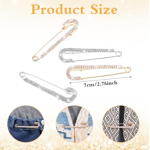 Image of Yolev 4 Pcs Rhinestone Safety Pins for Women: Decorative Brooch Pins, Sweater Shawl Clips, Shiny Silver & Gold, Modern Style