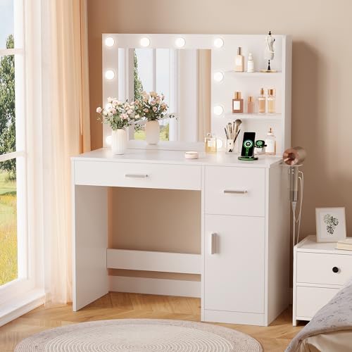 Image of YESHOMY 35.4 inch Vanity Desk with Mirror & Lights, Power Outlet and 3 Storage Shelves, Makeup Vanity Table with Open Shelves for Bedroom Dressing Room,Clean White