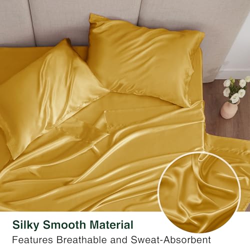 Love's cabin Full Size Satin Sheet Sets - 4 Piece Gold Silky Sheet Set with Deep Pocket, Luxury Silk Feel Satin Sheets Full Bedding Set (1 Flat Sheet,1 Fitted Sheet,2 Pillow Cases)