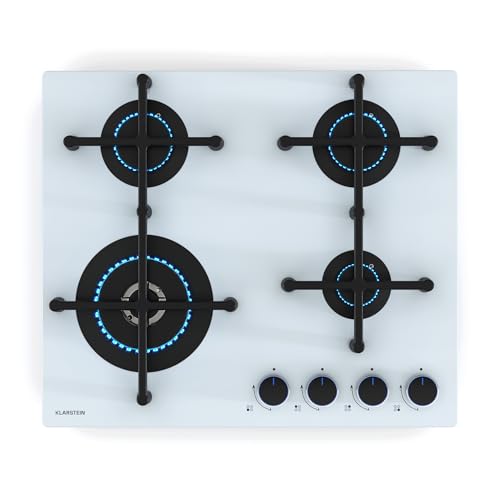 Klarstein Illuminosa 4 Placa de Gas, 4 Quemadores Sabaf, 4kW Wok, Encendido Eléctrico, Cristal Templado, Compatible con Gas Natural y GLP, Soportes de Hierro Fundido, Blanco
