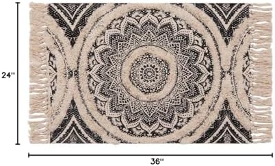 Seavish Tufted Cotton Rug, 2x3 Small Boho Black Mandala Area Rugs, Hand Woven Bohemian Accent Throw Rugs with Fringe Tassel for Bedroom Bedside Kitchen Laundry Room Door Mat