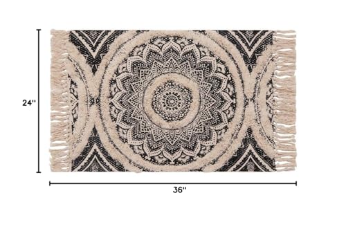 Seavish Tufted Cotton Rug, 2x3 Small Boho Black Mandala Area Rugs, Hand Woven Bohemian Accent Throw Rugs with Fringe Tassel for Bedroom Bedside Kitchen Laundry Room Door Mat