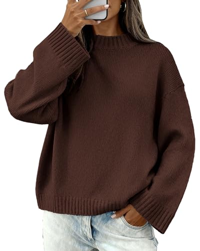 BTFBM Sweaters for Women 2026 Casual Crewneck Long Sleeve Loose Ribbed Knit Pullover Sweater Winter Clothes Fall Outfits(Brown Large)