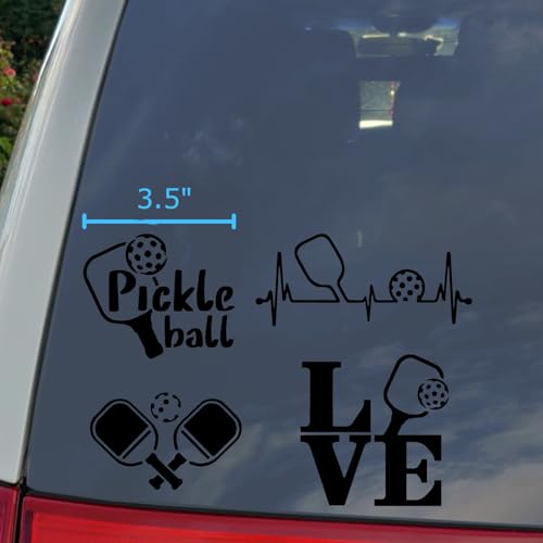 Image of Pickleball Decals 4 Pack: Pickle Ball, Pickleball Heartbeat, Paddles and Pickleball, Love Pickleball Decals (Black, Small ~3.5 inch)