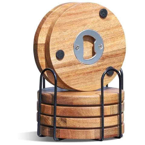 Wood Coasters for Drinks with Bottle Opener Holder Set of 6, Acacia Wooden Coasters for Coffee Table Dining Table Desk with Non-Slip Pad Cup Coasters for Home Office Christmas Decor 4 Inch Cover