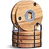 WLWNWFT Wood Coasters for Drinks with Bottle Opener Holder Set of 6, Acacia Wooden Cup Coaster for Coffee Table Dining Table Desk with Non-Slip Pad for Dad Home Office Christmas Decor 4 Inch