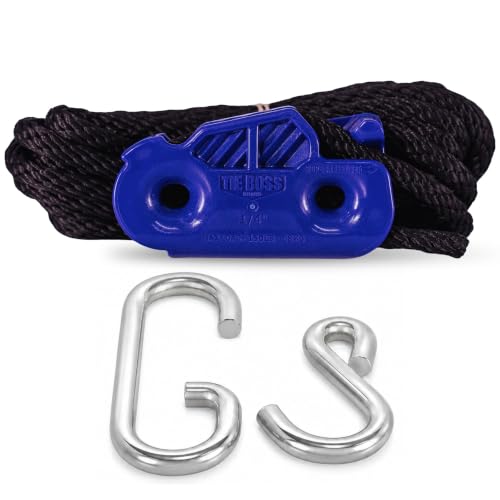 Tie Boss - 1/4 Inch Medium Duty (150 lbs Working Load Limit) Weather Resistant Tie Down Rope Tightening System (w/15 ft Rope) (Pack of 1) (Blue)