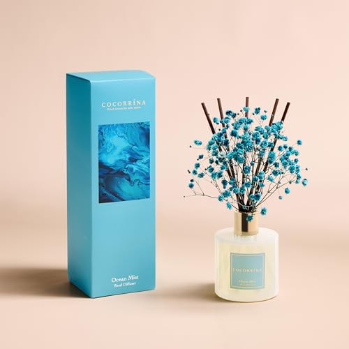 Image of COCORRINA Reed Diffuser - Ocean Mist 6.7 Fl.oz Reed Diffuser Set with Sticks & Preserved Baby's Breath, Reed Diffuser for Home Bathroom Shelf Decor