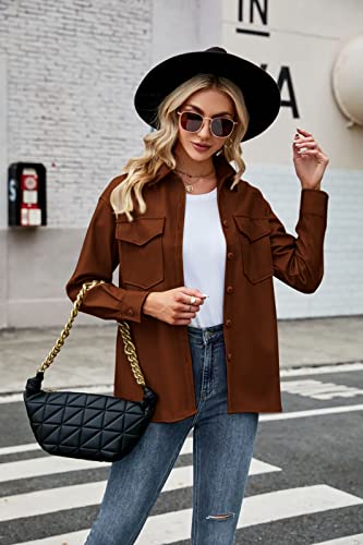 Ferngirl Womens Button Front Faux Pu Leather Jacket Shacket Casual Shirt Long Sleeve Blazer Coat With Bust Pocket #TOP1