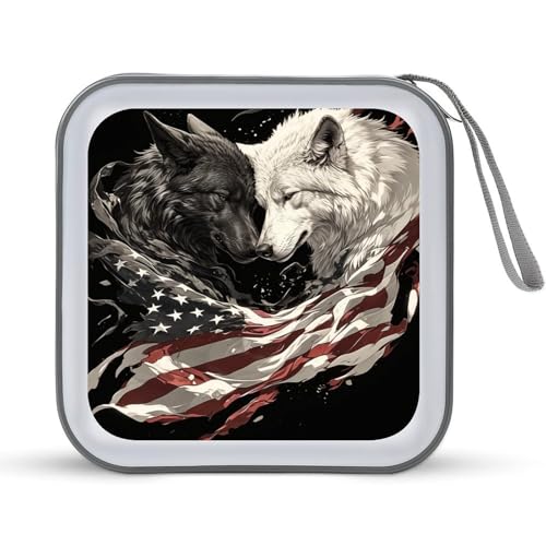 DuduYH Black White Wolves American Flag CD Case DVD Storage Case Portable for Car Home Travel