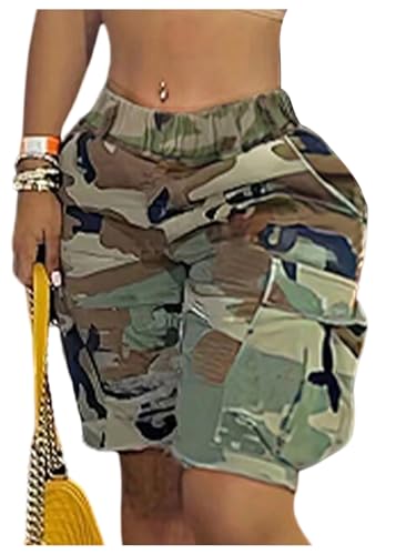 WDIRARA Women's Camo Cargo Shorts Streetwear Elastic Waist Bermuda Shorts with Flap Pockets Green Medium