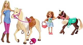 Barbie Doll, Blonde, Wearing Riding Outfit with Helmet, and Light Brown Horse with Soft White Mane and Tail, Gift for 3 to 7 Year Olds, FXH13
