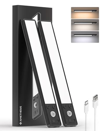 AMETHEUS Under Cabinet Lighting Wireless, 1900mAh Rechargeable Closet Lights Indoor, 80 LED Magnetic Dimmable Motion Sensor with 3 Color Temps, Under Counter Lights for Kitchen, Stairs(10in, 2PCS)