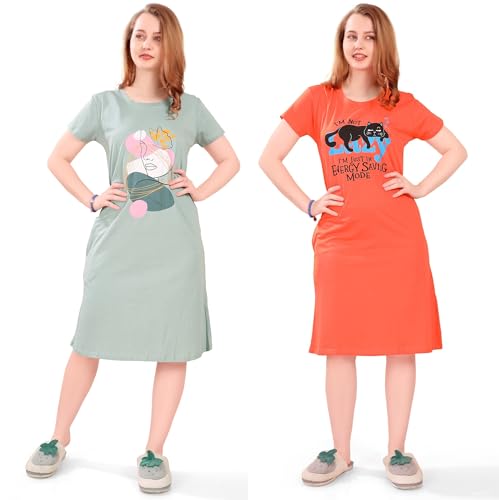 Image of Printed Knee Length Pocket Night Dresses for Women | Cat Lover | Premium Soft Cotton Nighty | Blue and Maroon