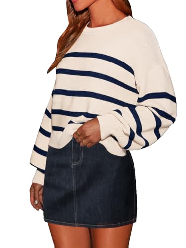 AiMgFUN Women's Long Sleeve Crew Neck Striped Crop Sweater Ribbed Knit Pullover Jumper Tops3