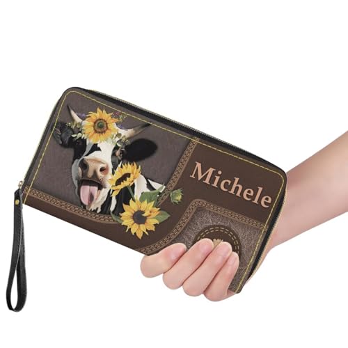 Image of Bulopur Personalized Wallet Wristlet for Women PU Leather Sunflower Cow Print Clutch Purses for Ladies Waterproof Phone Holder Zip Around