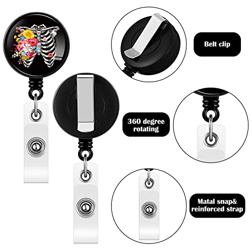 3 Pieces Xray Badge Reel Retractable Radiology Technician Gifts Halloween Badge Reel Holder Bones Skeleton Skull Chest Patterns For Nurse Doctor Student Cards (Rib Skull Heart With Flower) #TOP2