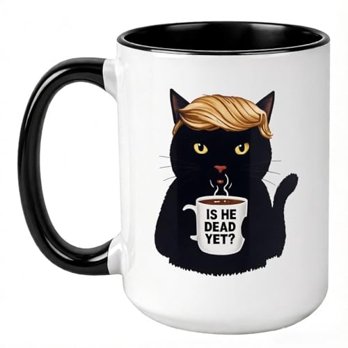 Is He Dead Yet Coffee Mug Gag Gifts 15 OZ Ceramic Mugs Anti Trump Mug Anti Trump Merchandise FDT Cup Black Cat Cups Birthday Gifts Coffee Mugs Anti Maga Merchandise For Democrat and Liberal Coworkers