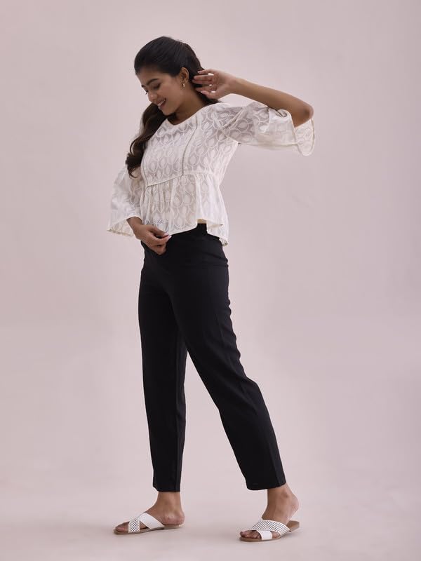 Image of GO COLORS Women Solid Mid Rise Relaxed Fit Viscose Casual Pants