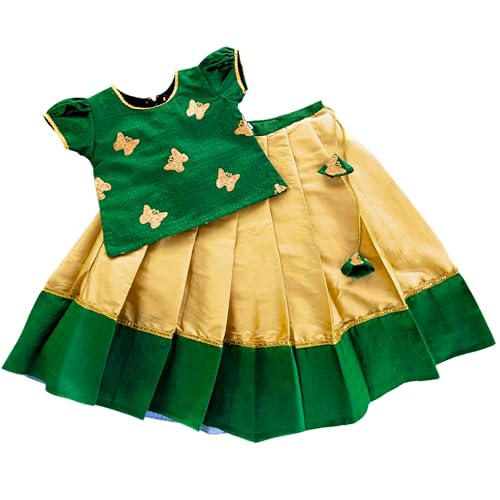Stanwells Kids Lehenga Choli for Girls Cotton Silk Traditional Dress Ethnic Wear for Baby Girls Front Bow Readymade Embroidered Lehenga for Kids Kerala South Indian Pattu Pavadai Lehenga for Kids