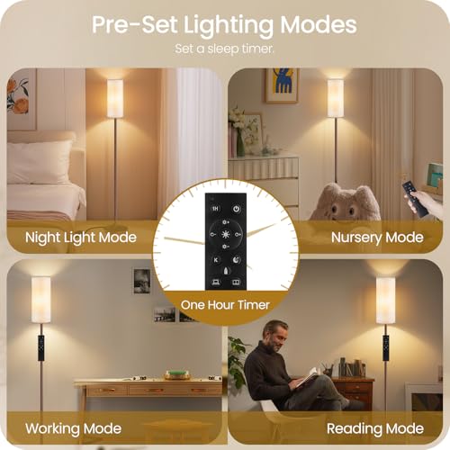 Image of Dimmable Floor Lamps for Living Room with Remote and Foot Switch, 64.4 inch Modern Standing Tall Lamp, Corner Lamp for Bedroom, Office, Bulb Included, 3000K-6500K, Beige and Brown VW06LD05W1
