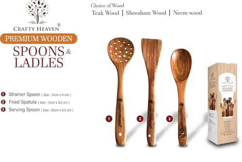 Image of Handcrafted Wooden Cooking Utensils, Strainer Spoon, Fried Spatuala, Serving Spoon, Set of 3